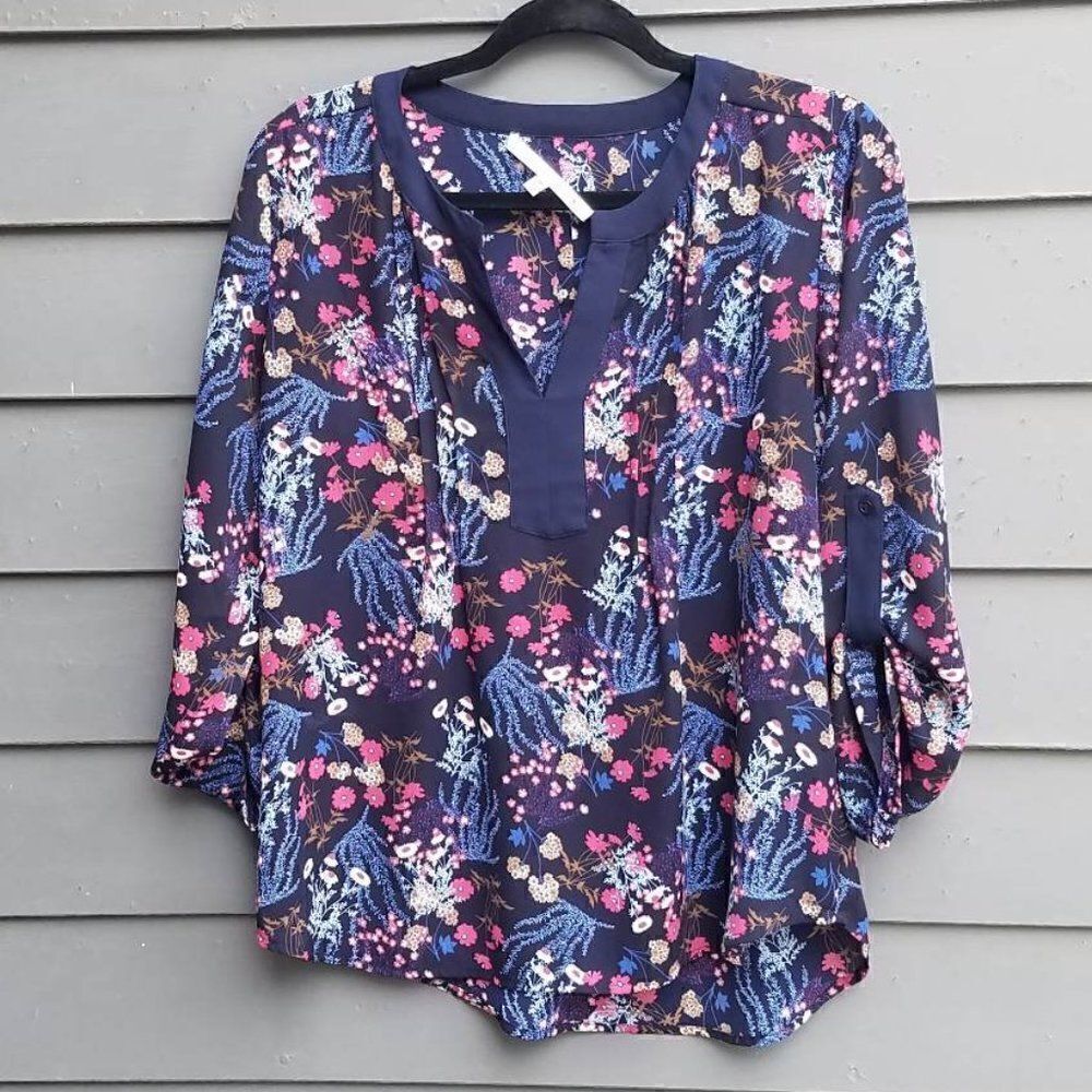 Collective Concepts Navy Floral Peasant Top